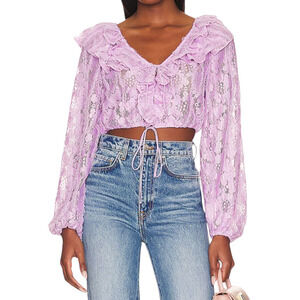 For Love & Lemons Tatiana Cropped Top Purple Mesh Lace Ruffle Long Sleeve XS